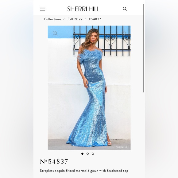 Sherri Hill light blue sequin feather prom dress. Style No. 54837